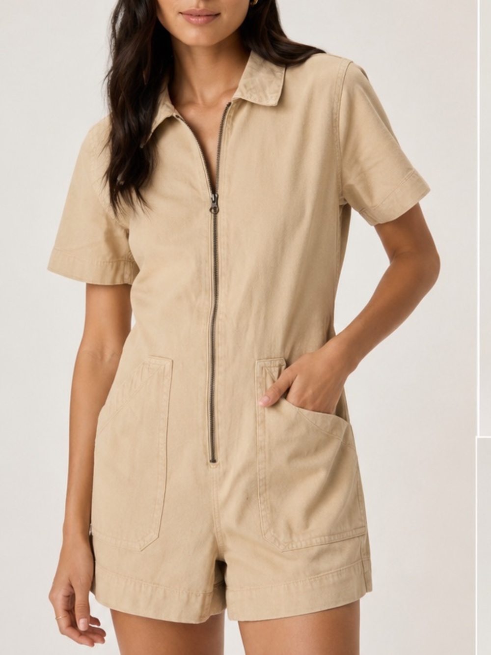 Everlane The Denim Short Coverall Short Sleeve Zip Front Romper in Khaki size 0